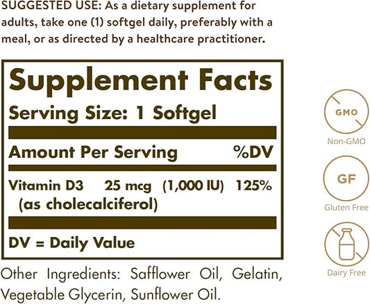 Solgar Vitamin D3 (Cholecalciferol) 25 MCG (1000 IU), 250 Softgels - Helps Maintain Healthy Bones & Teeth - Immune System Support - Non-GMO, Gluten-Free, Dairy Free - 250 Servings