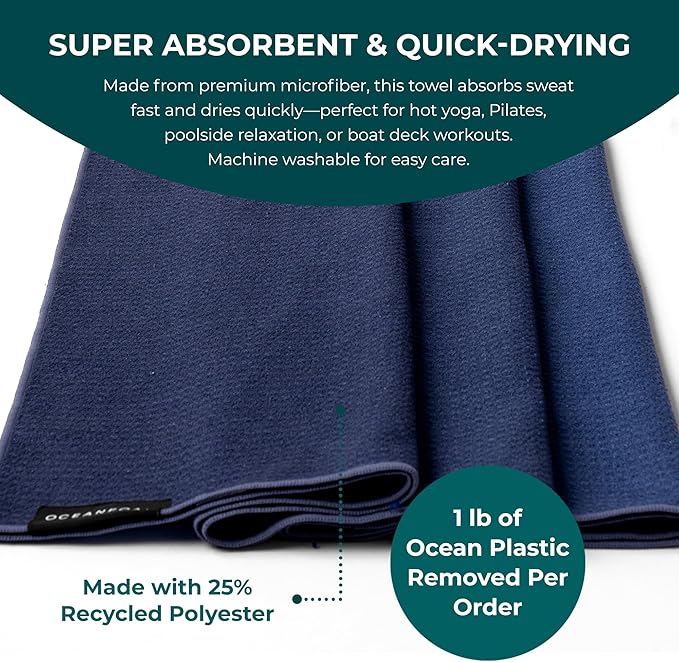 Oceanfoam Beach Towel – Lightweight, Absorbent, Quick-Drying, Sand-Resistant, Non-Slip – Ideal for Workouts, Yoga, Pilates, Beach, Pool, Boat & Travel – 25% Recycled – 72"x24" (Navy Gradient)