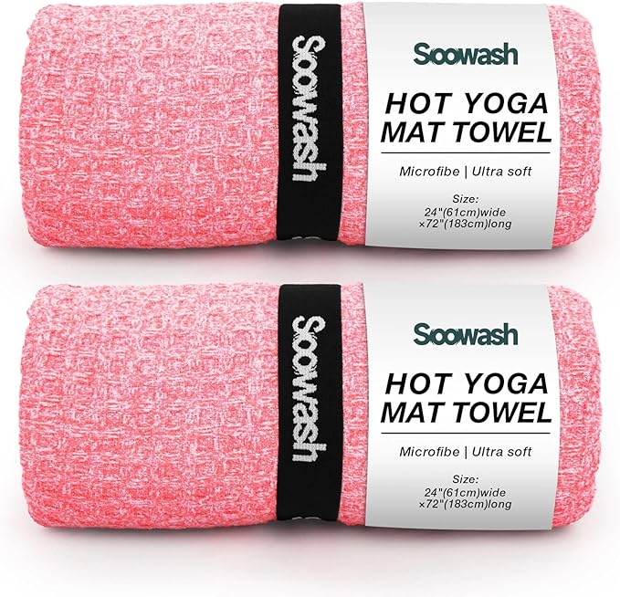 2 Pack Hot Yoga Towel, Yoga Mat Towels Non Slip for Hot Yoga with Strap, Microfiber Yoga Accessories, Soft Absorbent Quick Dry, Pilates Exercise Fitness 24" X 72" Red