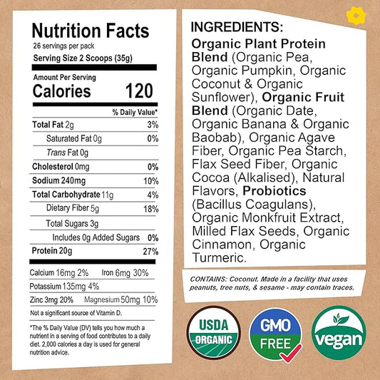 EarthChimp Organic Vegan Protein Powder - with Probiotics - Non GMO, Dairy Free, Non Whey, Plant Based Protein Powder for Women and Men, Gluten Free - 26 Servings 32 Oz (Vanilla)