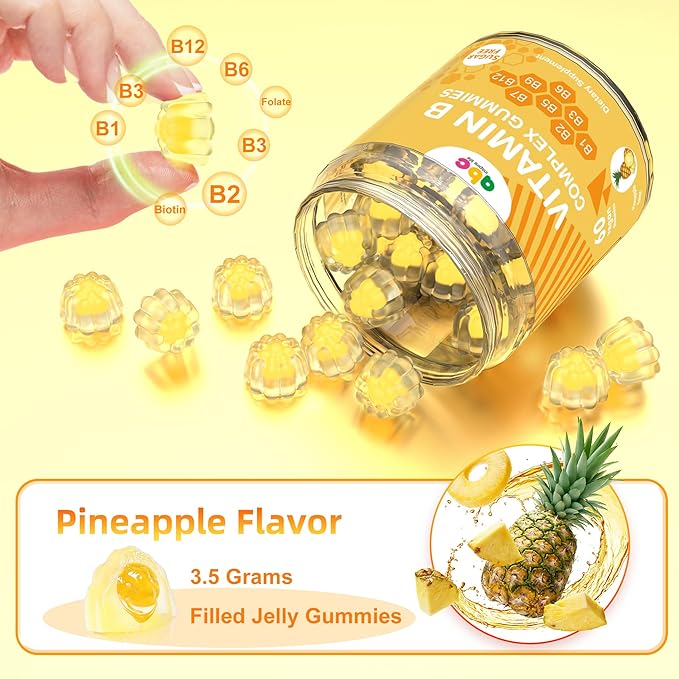 Vitamin B Complex Gummies for Adult Kid-Pineapple Flavor-Chewable Supplement with 8 Essential B Vitamins (B1, B2, B3, B5, B6, B7, B9, B12) Non GMO,Vegan 60 Count