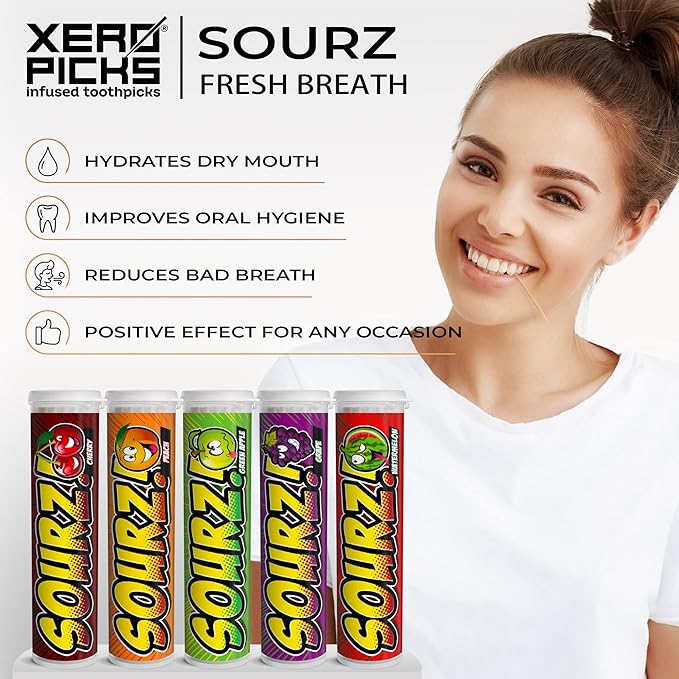 Xero Picks - Sourz Infused Flavored Toothpicks- Sugar Free- Sour Apple, Sour Grape, Sour Cherry, Sour Watermelon, Sour Peach - 5 Pack - 20 Picks per