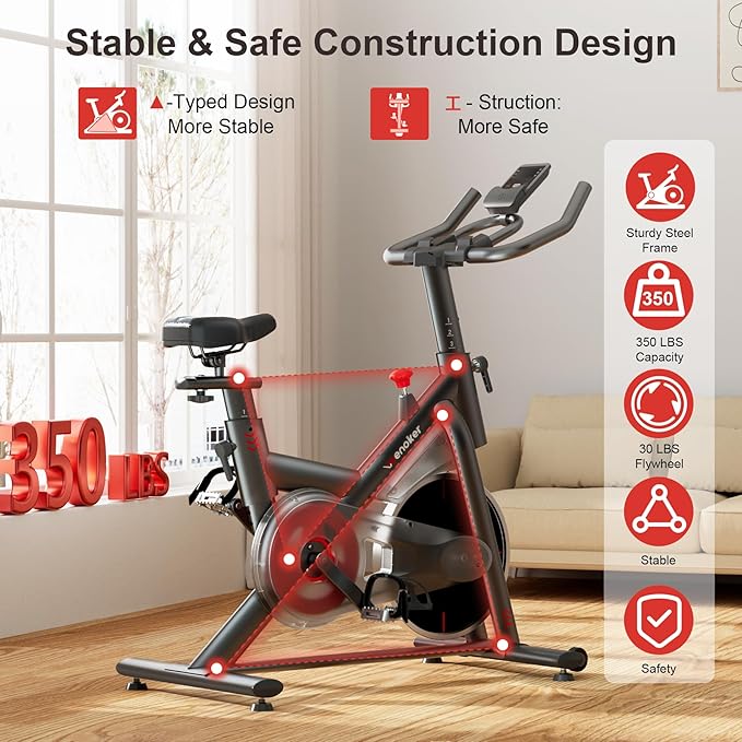 Exercise Bike, Stationary Bike for Home, App Compatible, 350lb Capacity, Comfortable Adjustable Seat, Digital Display & Pad Holder, Quiet Ride