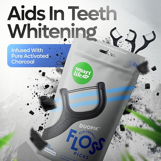 SmartLifeco Eco-Friendly Dual-Thread Dental Floss Picks (200ct) - Flossers Made with Straw Wheat Blend, Natural Teeth Whitening, Tooth Pick Stick for Adults, Activated Bamboo Charcoal Floss Thread