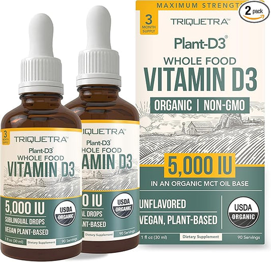 Plant-D3 Organic Vitamin D3 5000 IU - Vegan, Max Strength Sublingual Liquid D3 Drops - 200% Higher Absorption - 100% Plant-Based Cholecalciferol Form - Adjustable Dosing for All Ages (1oz - 2 Pack)