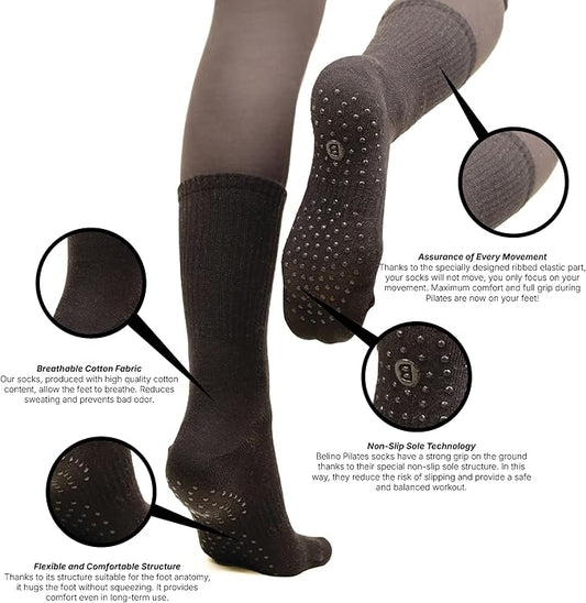 BELINO Pilates Socks for Women with Non Slip Grippers – Crew Socks for Yoga, Barre, Gym, Workout, Hospital 4 Pairs