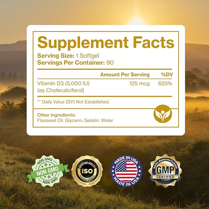 Pure Micronutrients Pure D3 – Vitamin D3 5000 IU, Natural Vitamin D Supplements (Cholecalciferol) - Immune Support, Healthy Muscle Function & Bone Health - 90 Mini Softgels