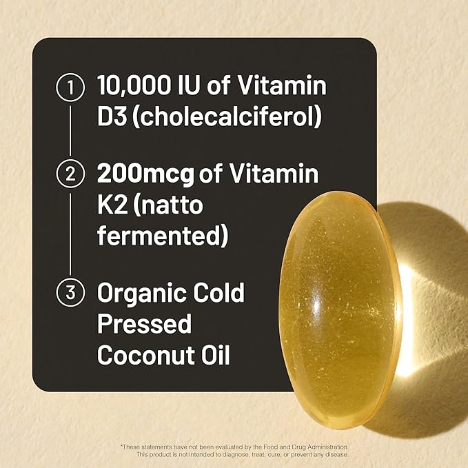 NatureWise Vitamin D3 10,000 IU Plus K2 (MK-7) 200 mcg with Organic Extra Virgin Coconut Oil - Supports Calcium Absorption, Bone, Heart & Immune Health - Non-GMO, Soy & Gluten-Free - 30 Softgels