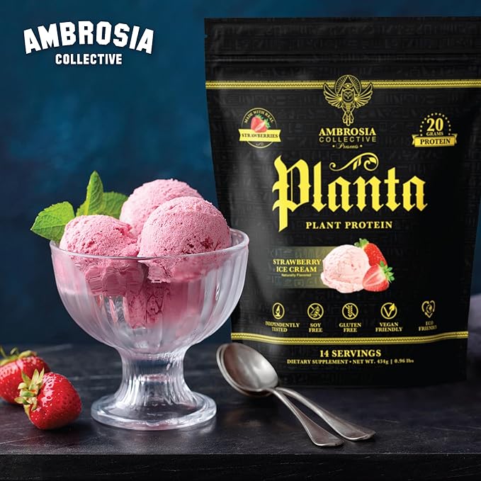 Ambrosia Planta - Premium Plant-Based Protein | Vegan & Keto Friendly | Gourmet Flavors with No Bloating or Stomach Upset | No Added Sugar | 14 Servings | (Strawberry Ice Cream)