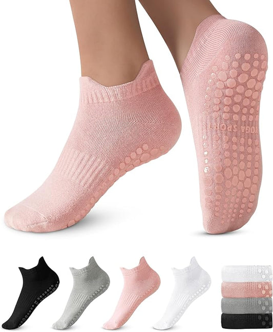 DIBAOLONG Pilates Socks with Grips for Women, Grip Socks Non Slip Yoga Socks for Barre Hospital Grippy Socks 4 Pairs