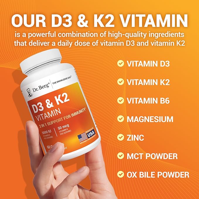 Dr. Berg Maximum Strength 7-in-1 Vitamin D3 K2 5000 IU | Naturally Derived D3 | 4X Lab-Tested & Verified | High Absorption Formula | K2 D3 Vitamin Supplement - 60 Capsules