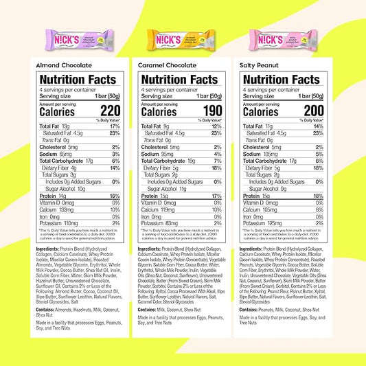 Nick's Protein Bars Chocolate Variety Pack High Protein, Low Calories, Low Carb Keto Friendly Snacks No Added Sugar, Salty Peanut, Chocolate Caramel and Almond Chocolate (12 Pack)