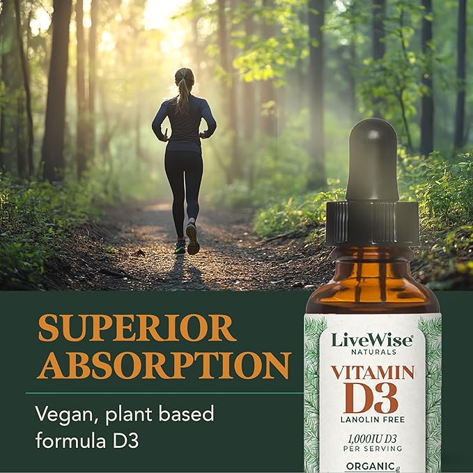 LiveWise Naturals Organic Vitamin D3 Liquid Drops, Vegan, Non-GMO, Plant-Based, 200 IU per Drop, Supports Immune, Bone, and Mood Health, Easy-to-Absorb, in MCT Oil 1,000 IU