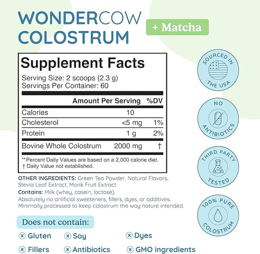 WONDERCOW Colostrum Supplement Powder for Gut Health, Immune Support, Muscle Recovery & Wellness | Natural IgG Pure Whole Bovine Colostrum Superfood, Matcha, 60 Servings