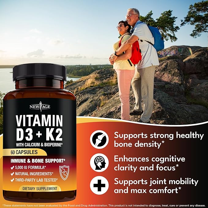Vitamin D3 5,000 IU + K2 MK-7 100 mcg - 2-in-1 Bone, Immune & Heart Support, Easy to Swallow, Non-GMO - 60 Capsules