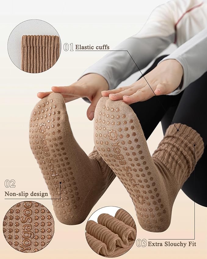 3 Pairs Pilates Socks with Grips for Women Yoga Slouch Grippy Socks for Barre Workout Hospital