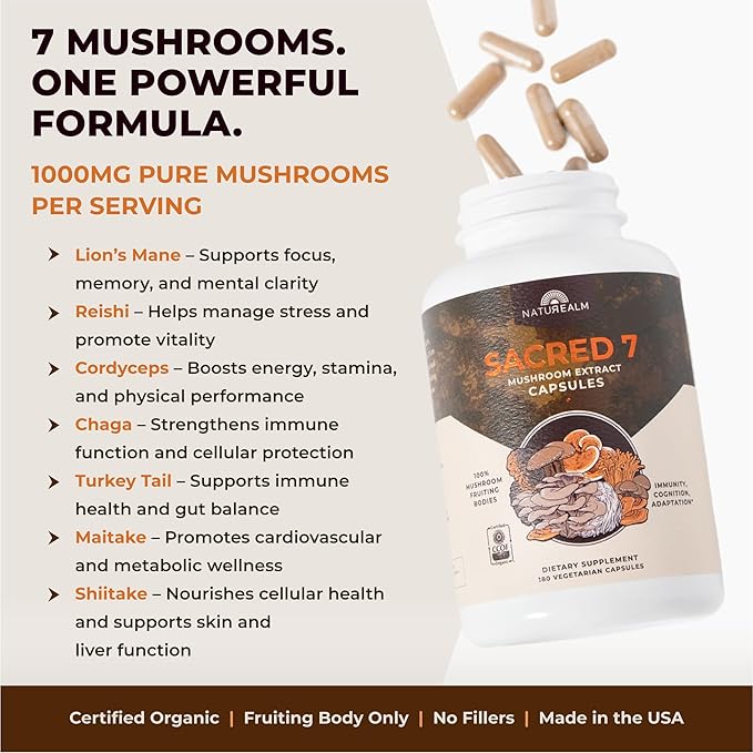 Naturealm Sacred 7 Organic Mushroom Extract Capsules - Premium 7 Mushroom Supplement with Lions Mane, Reishi, Chaga - Immune Support & Focus - 180 Vegetarian Capsules