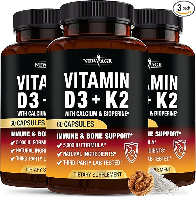 Vitamin D3 5,000 IU + K2 MK-7 100 mcg - 2-in-1 Bone, Immune & Heart Support, Easy to Swallow, Non-GMO - 180 Capsules