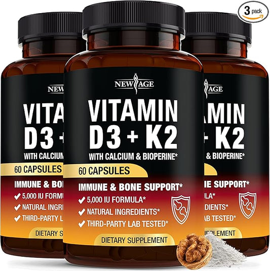 Vitamin D3 5,000 IU + K2 MK-7 100 mcg - 2-in-1 Bone, Immune & Heart Support, Easy to Swallow, Non-GMO - 180 Capsules