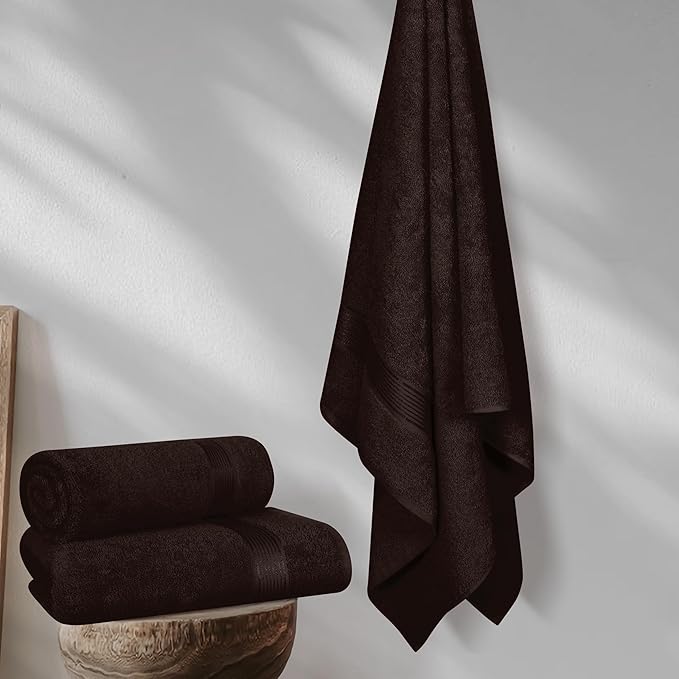 BELZZI Home Ultra Soft 4 Pack Oversized Bath Towel Set 27x54, Cotton Compact Bath Towels, Highly Absorbant Eco-Friendly Quickdry & Lightweight Towel, Ideal for Gym Travel Camp Pool - Chocolate Brown