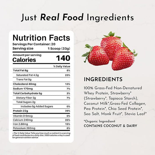 JUST INGREDIENTS Strawberries & Cream Protein Powder – 20-Serving Blend with 100% Grass-Fed Whey & Organic Plant Proteins – Real Strawberry Flavor – Supports Muscle Recovery, Energy*