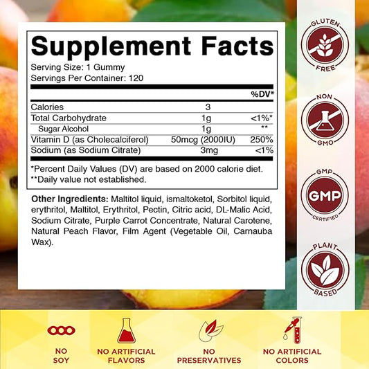 Vitamatic Sugar Free Vitamin D3 2000 IU - 120 Pectin Based Gummies - Great Taste - Healthy Bones, Mood & Immune System Function - Non-GMO - 120 Servings