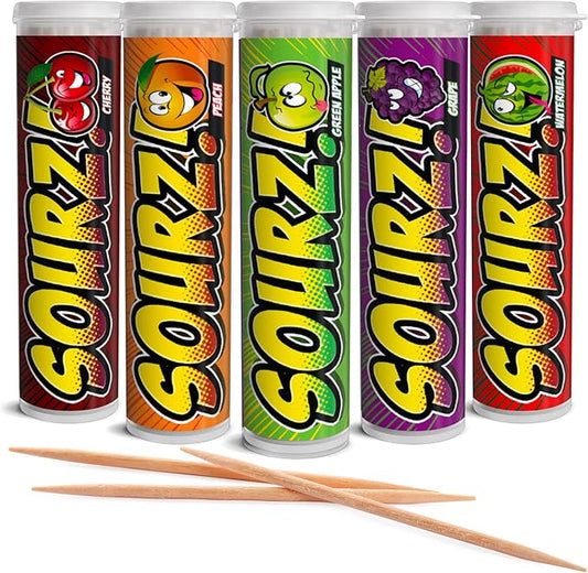 Xero Picks - Sourz Infused Flavored Toothpicks- Sugar Free- Sour Apple, Sour Grape, Sour Cherry, Sour Watermelon, Sour Peach - 5 Pack - 20 Picks per