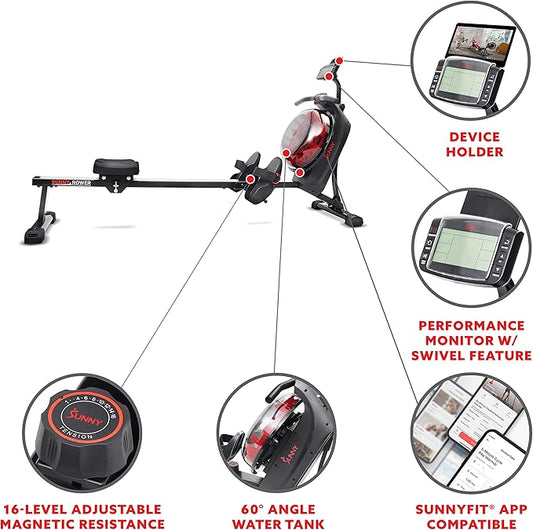 Sunny Health & Fitness Elite Water Rowing Machine with High Dynamic Resistance Vertical Tank, Low-Impact Full-Body Workout and Optional Free SunnyFit App Connectivity