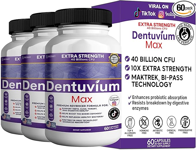 Dentuvium Max Probiotic Supplement - 40 Billion CFU - Supports Teeth Gums Throat Digestive Health - Gluten Free Sugar Free Non-GMO - 60 Capsules (3)