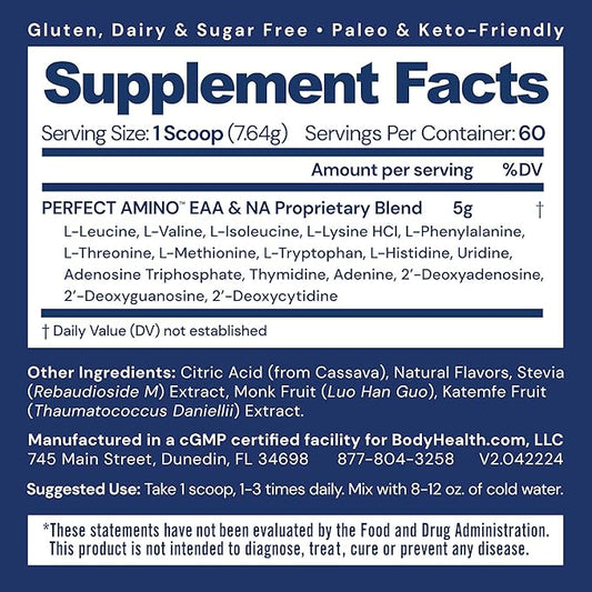 BodyHealth PerfectAmino Powder - BCAA and EAA Powder for Pre and Post Workout - Amino Acid Energy Drink for Men and Women to Support Lean Muscle and Recovery - Lemon Lime - 60 Servings