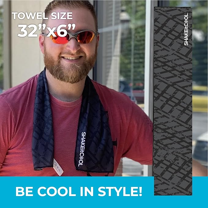 SHAKEitCOOL Original Cooling Towel – Be Cool in Style - Heat Relief, Soft, Lightweight, Sun Protection, Easy Clean - Perfect for Biking, Running, Yoga, Gym, Gardening - Black Tread