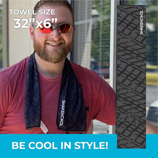SHAKEitCOOL Original Cooling Towel – Be Cool in Style - Heat Relief, Soft, Lightweight, Sun Protection, Easy Clean - Perfect for Biking, Running, Yoga, Gym, Gardening - Black Tread