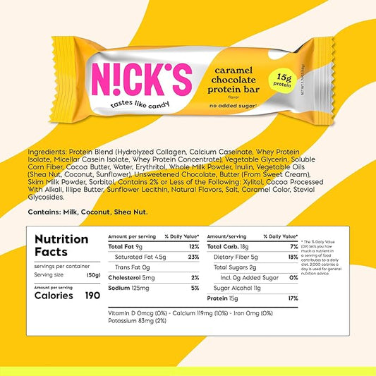 Nick’s Chocolate Caramel Protein Bars – 12-Count Box | High Protein, Low Calories, Low Carbs, Keto Friendly, No Added Sugar