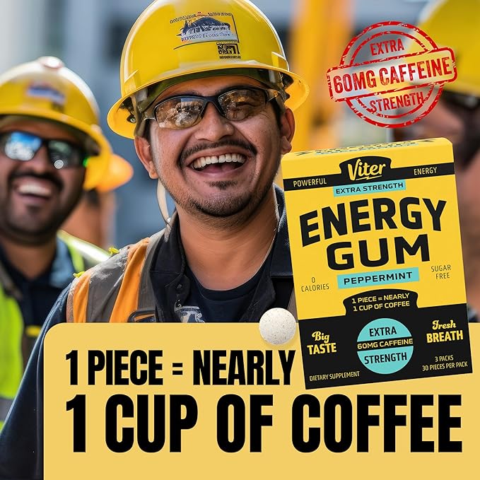 Viter Energy 60mg Caffeine Gum (Peppermint Flavor, 30 Pieces, 3 Pack) - Sugar Free, Vitamin B3, B6, B9, B12, Zero Calories, Caffeinated Energy Chews, Nootropic Focus Supplement for Men & Women