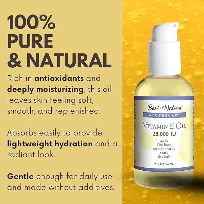 Best of Nature Vitamin E Oil 28,000 IU, Unscented Moisturizer with Fractioned Coconut - Damage Repair Formula for Hair, Skin, Face, & Hands