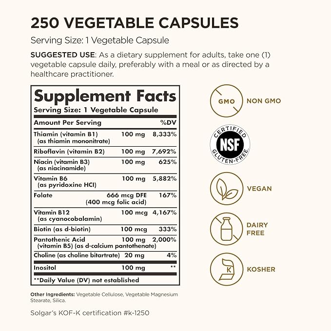 Solgar B-Complex "100", 250 Vegetable Capsules - Nervous System Support - Supports Energy Metabolism - Non-GMO, Vegan, Gluten Free, Dairy Free, Kosher - 250 Servings