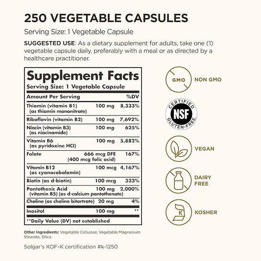 Solgar B-Complex "100", 250 Vegetable Capsules - Nervous System Support - Supports Energy Metabolism - Non-GMO, Vegan, Gluten Free, Dairy Free, Kosher - 250 Servings