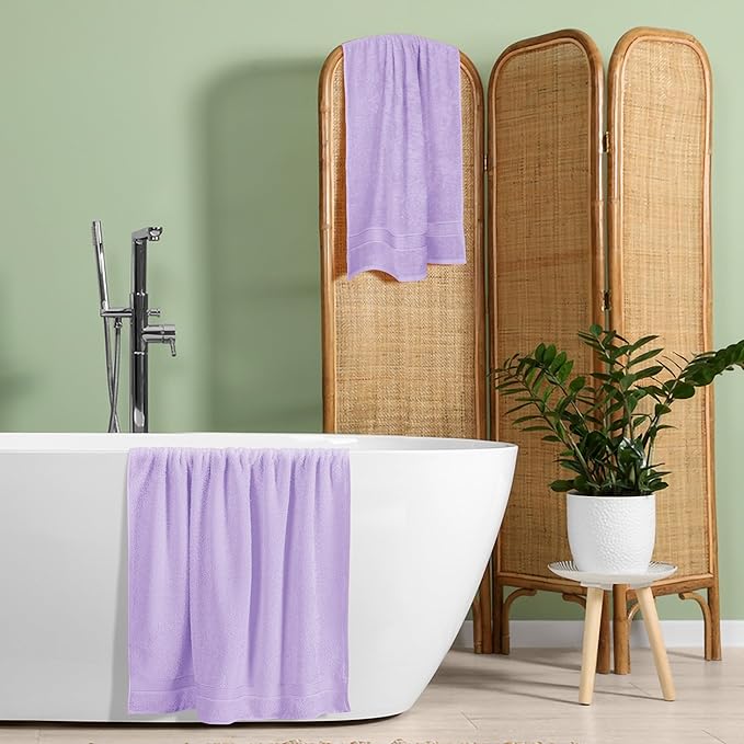 BELZZI Home Ultra Soft 4 Pack Oversized Bath Towel Set 27x54, Cotton Compact Bath Towels, Highly Absorbant Eco-Friendly Quickdry & Lightweight Towel, Ideal for Gym Travel Camp Pool - Purple