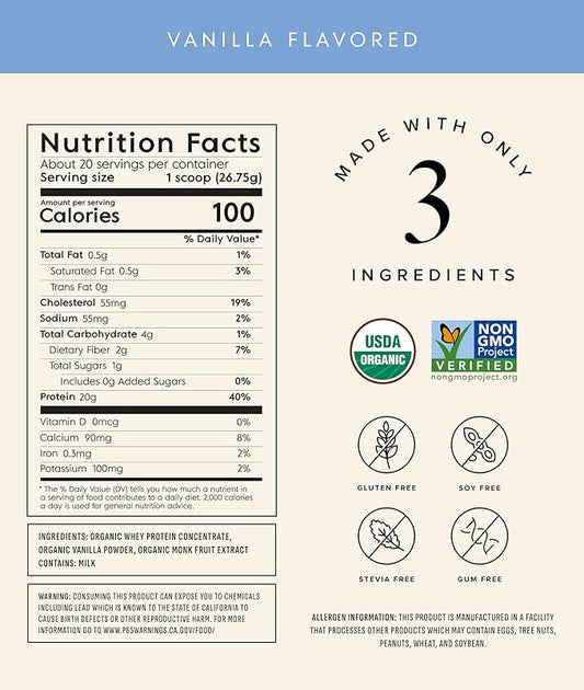 Truvani Organic Whey Protein Powder | Vanilla | 20g Grass Fed Whey Protein | 20 Servings | USDA Organic & Non-GMO | Gluten Free | No Gums, No Soy, No Stevia, No Added Sugars