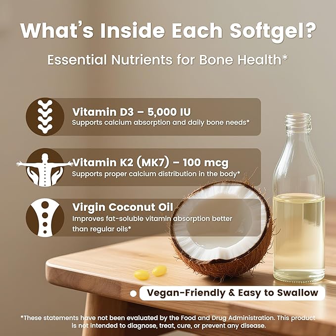 VEV Corefeel Vitamin D3 K2, 5000 IU D3 100mcg K2 (MK 7), 300 Softgels, 2-in-1 Vitamin D & K Supplement with Coconut Oil, Supports Calcium Absorption and Bone Health, Easy to Swallow