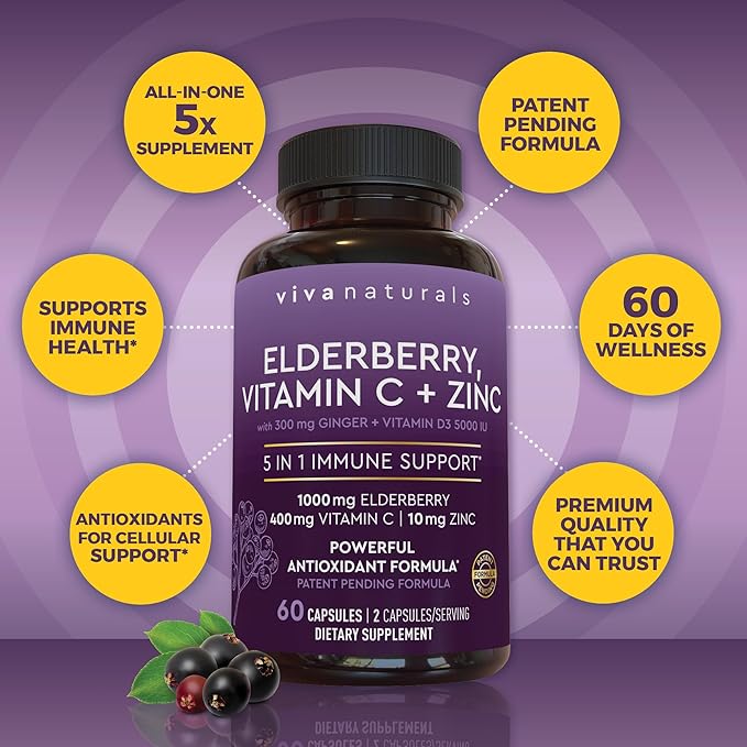 Viva Naturals Black Elderberry with Vitamin C and Zinc for Adults (60 Count) - Sambucus Elderberry Immune Support Supplement, Black Elderberry Capsules for Adults, Elderberry Supplements for Women