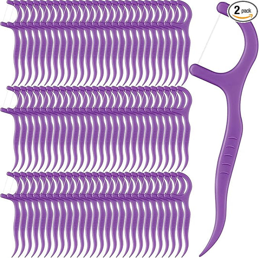 Baderke 200 Count Floss Picks Bulk Non Breakable Tooth Picks Flosser Dental Floss Sticks for Adults Teeth Cleaning Dental Flossers for Family Pack Travel(Dark Purple)