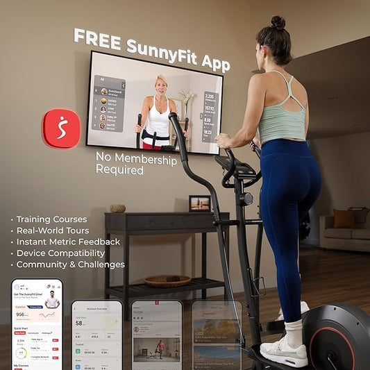 Sunny Health & Fitness Smart Upright Elliptical w/Pulse Sensor Built-in, Indoor Full-Body Cross-Training & Cardio Exercise Machine for Home, Free SunnyFit App Connection, Optional Long Stride Length