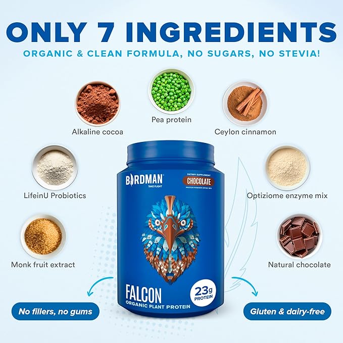 BIRDMAN Falcon Vegan Protein Powder Organic, Stevia & Sugar Free, Plant Based Protein, Low Carb, Dairy Free, Keto, Non Whey Protein, Probiotic, Pea Protein | Chocolate Flavor - 37 Servings - 2.64lb
