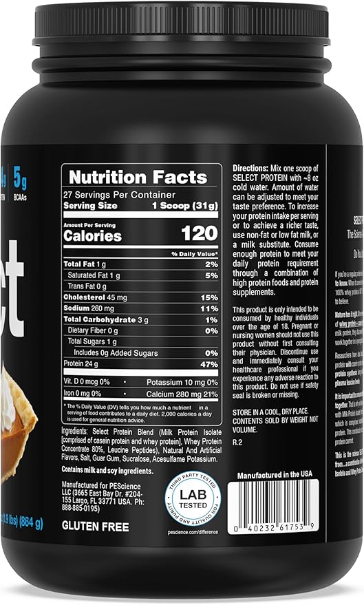 PEScience Select Protein Powder, Whey and Casein Blend, Clean Protein Powder for Women and Men, Low Calorie, Low Carb, Keto Friendly, Gluten Free - Pumpkin Pie, 27 Servings