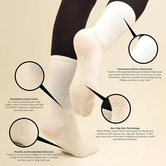 BELINO Pilates Socks for Women with Non Slip Grippers – Crew Socks for Yoga, Barre, Gym, Workout, Hospital 4 Pairs