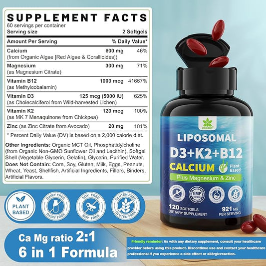 6-in-1 Plant Based Calcium Supplements for Women Men- Calcium 600mg w/ D3 K2 5000 IU Vitamin, Liposomal & Algae Ca-lcium Magnesium Zinc + Vegan Vitamin D 5000 IU + K2 MK7 + Methyl B12 for Bone, 1 Pack