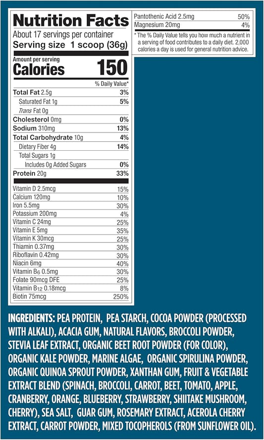 Vega Protein + Nutrition - 20g Plant-Based Pea Protein, Chocolate, 17 Servings, Vegan Keto Superfood, Antioxidant-Rich, Gluten Free, Dairy Free, Low Carb, 1.4lbs (Packaging May Vary)