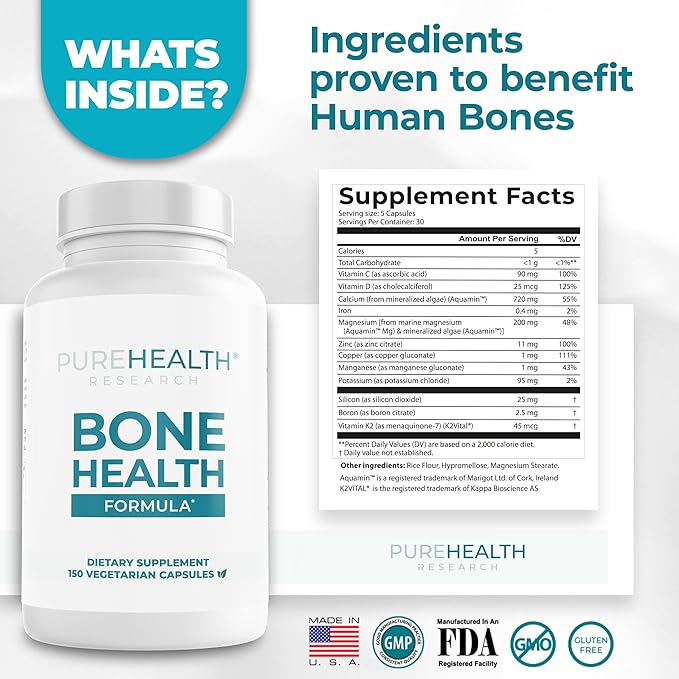 PUREHEALTH RESEARCH Bone Health Formula Calcium & Magnesium Supplement - with Iron, Zinc, Copper, Vitamin D, C, K2 & More - Bone & Joints Vitamins for Women & Men, 150 Capsules