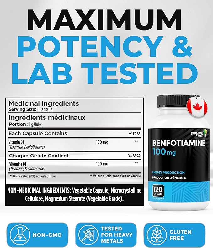 Renew Actives Benfotiamine 100mg – Supports Energy Production & Overall Wellness – Vegan, Non-GMO, Gluten-Free – 120 Capsules
